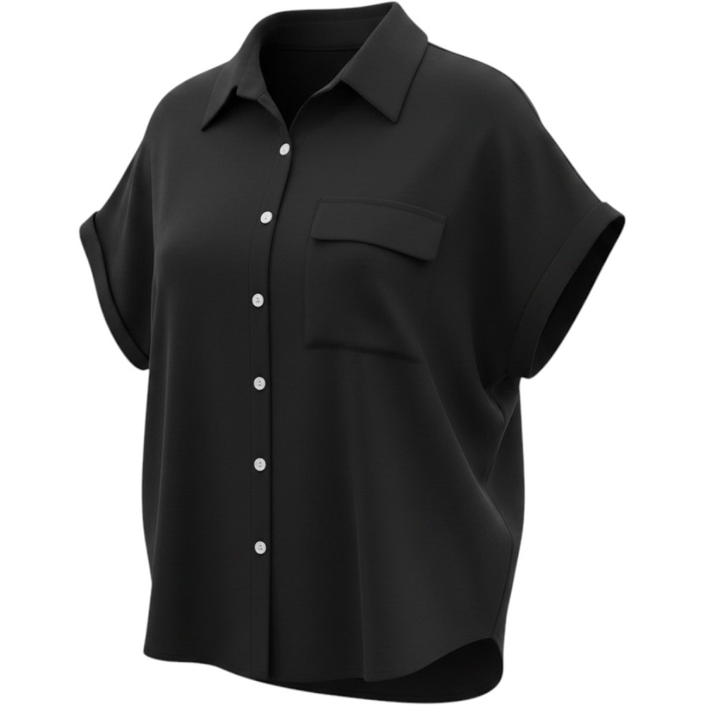 Emery Rose Black Button Down Blouse Short Cuffed‎ Sleeve Pocket Top 2XL